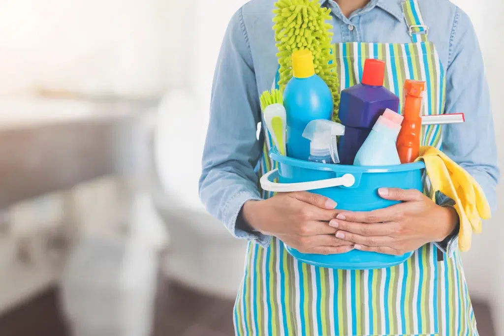 Foreign domestic worker holding cleaning supplies, ready for daily household tasks in a Singapore home.